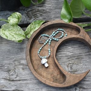 White Turquoise Mushroom Pendant Necklace on a silver & turquoise bead chain 18"